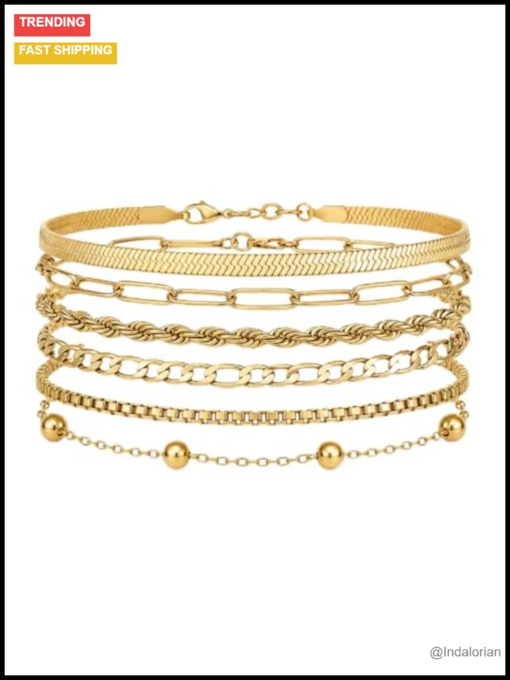 18K Gold Plated Stainless Steel 6 Piece Chain Bracelet Set Stackable